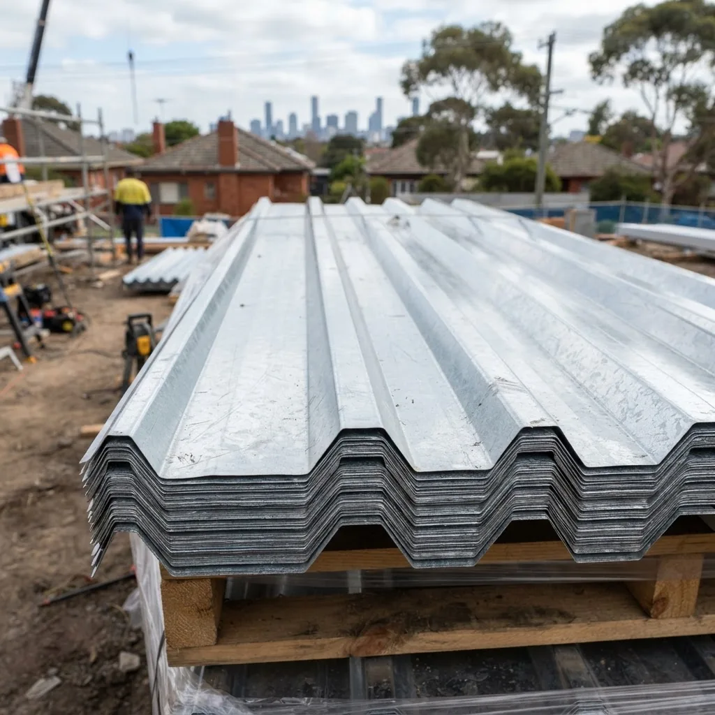 Close-up photograph of zincalume steel roofing sheets stacked at a construction site in daylight, showing the metallic silver sheen and